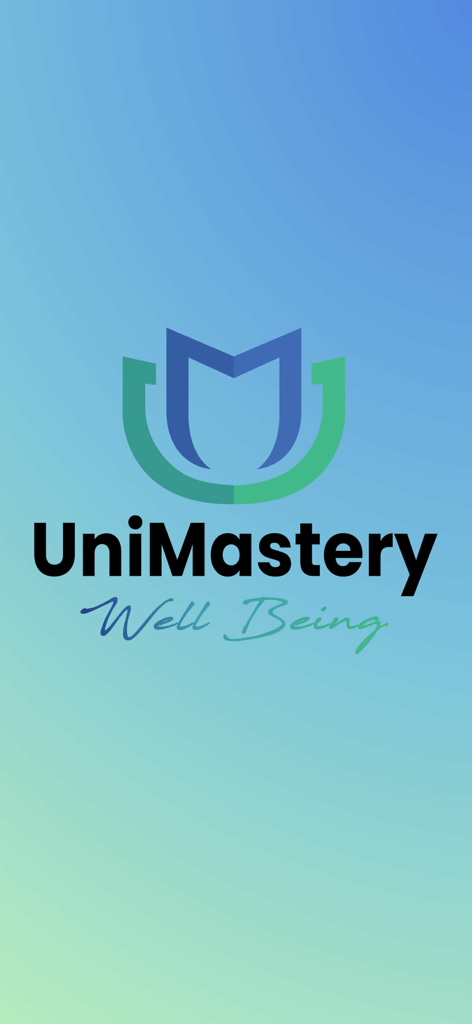 The UniMastery Wellbeing app logo and name displayed on a soft blue and green gradient background.