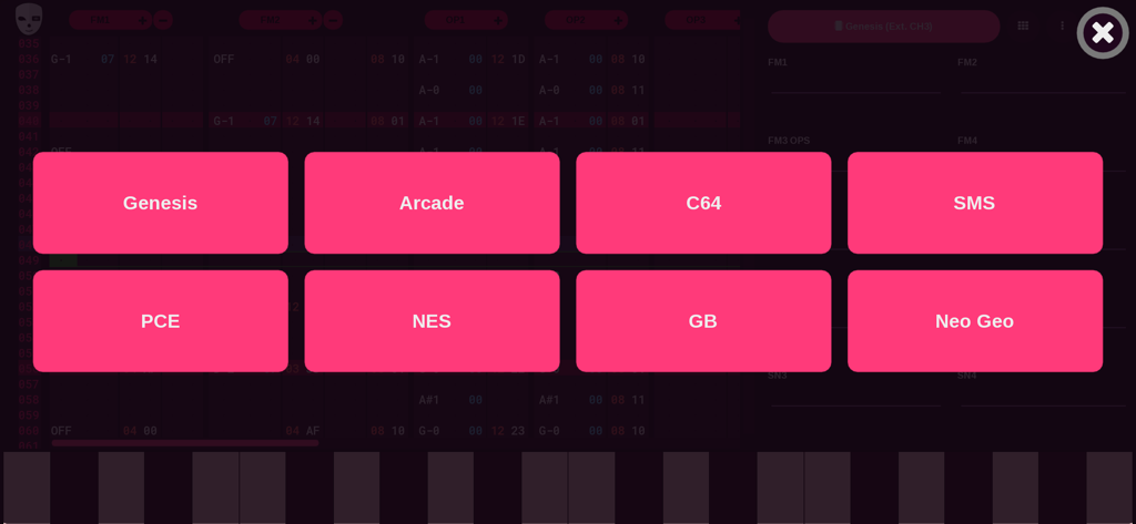 Selection screen for various retro game console sound chips including NES GB and Genesis in DefleMask Mobile