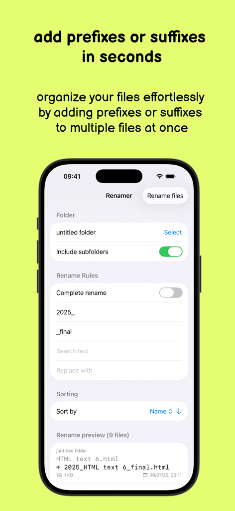 Interfaccia dell'app Renamer su iPhone che mostra come aggiungere prefissi e suffissi a più file per l'organizzazione in batch.