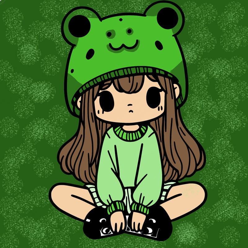 a girl wearing a frog hat and some frog socks