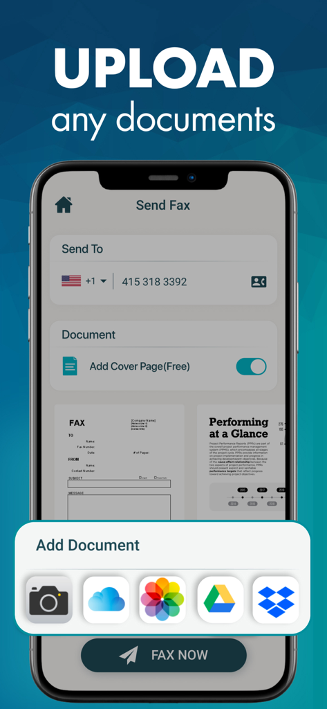 Mobile app interface for sending a fax from iPhone showing options to upload documents from camera and cloud storage.