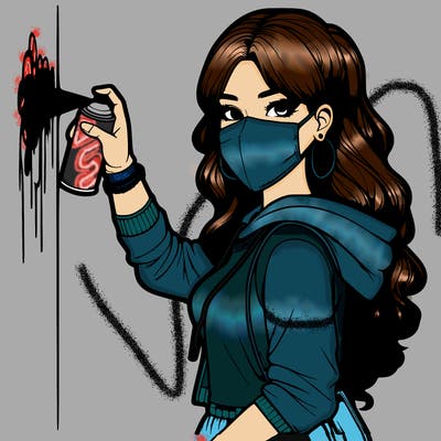 realistic girl with mask spray painting a wall