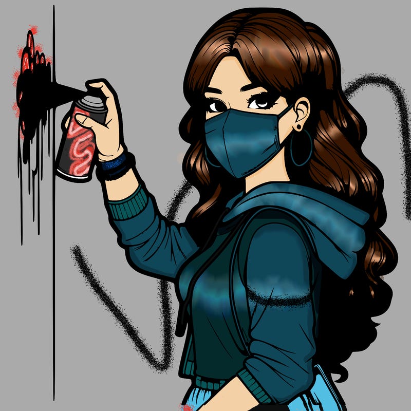 realistic girl with mask spray painting a wall