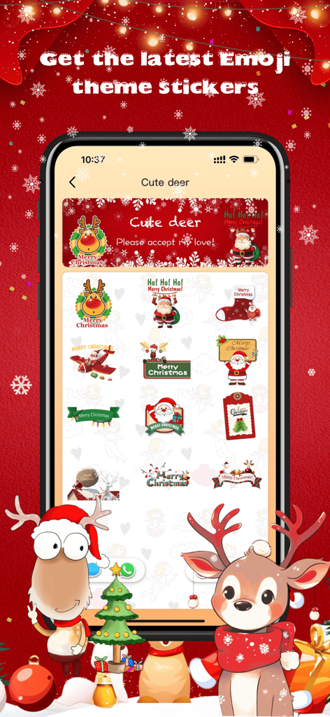 A mobile app screen showing festive Christmas themed stickers including Santa and reindeer