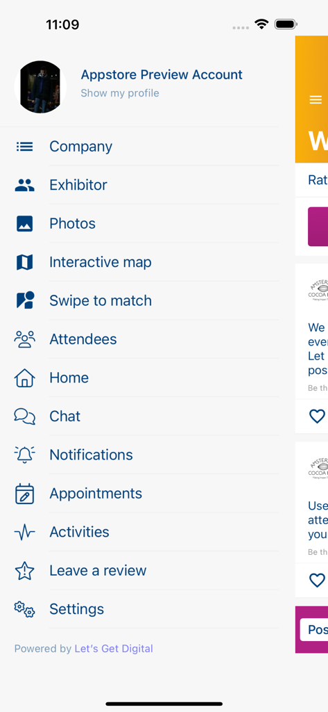 Amsterdam Cocoa Week - El menú de navegación lateral de la aplicación Amsterdam Cocoa Week mostrando funciones de networking profesional como Deslizar para emparejar, Mapa interactivo y Asistentes.