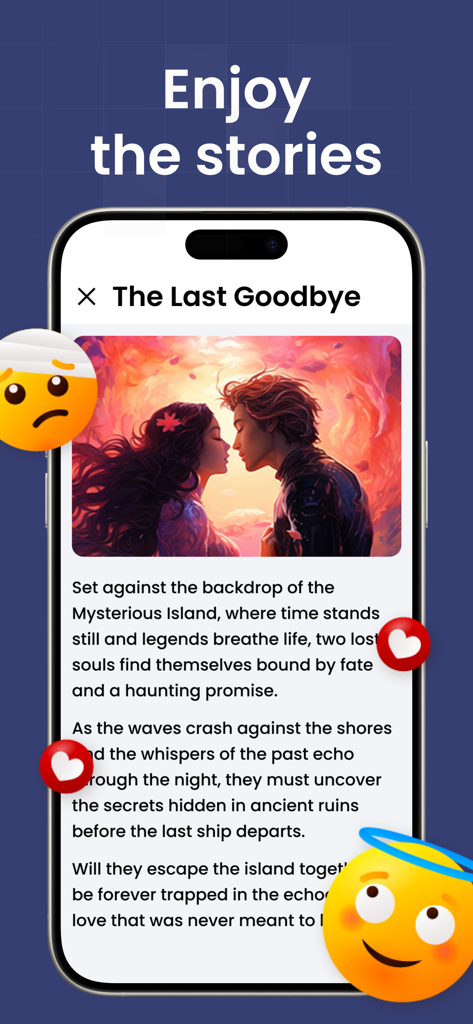AI Story Generator AI Novel - Interface de l'application mobile montrant un roman romantique généré intitulé The Last Goodbye avec une illustration romantique et le texte de l'histoire.