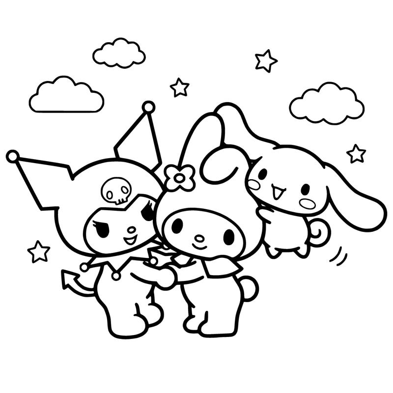 girls kuromi and  my melody and cinnamoroll  friends