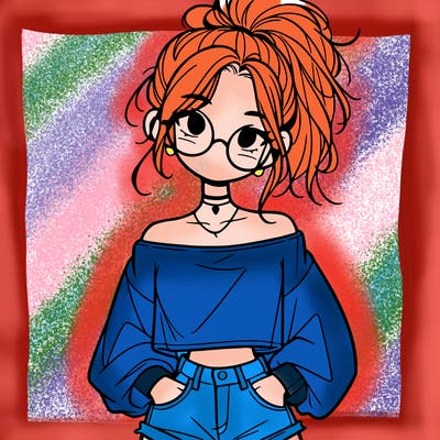 girl with a messy ponytail glasses a baggy crop top and jean shorts