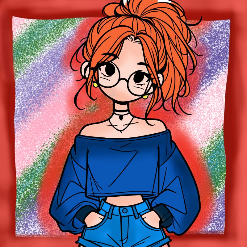 girl with a messy ponytail glasses a baggy crop top and jean shorts