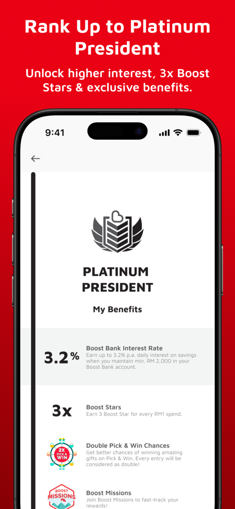 Boost App Malaysia loyalty program Platinum President tier benefits including higher interest rates and triple stars
