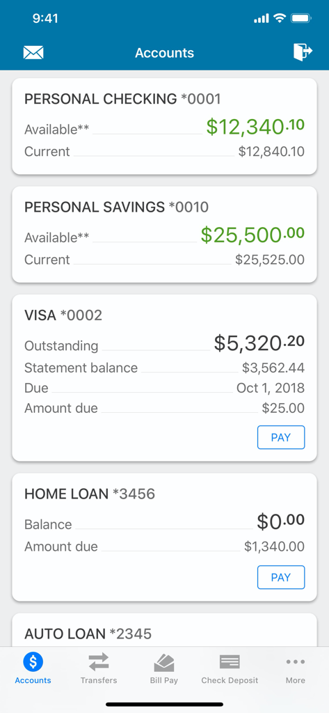 EECU Mobile Banking app dashboard showing personal checking and savings account balances