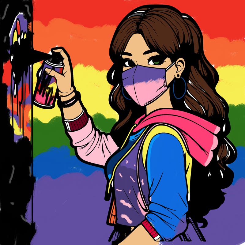 realistic girl with mask spray painting a wall