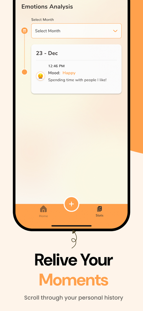 A screenshot of the Mood Journal app showing a personal history of logged emotions and reflections.