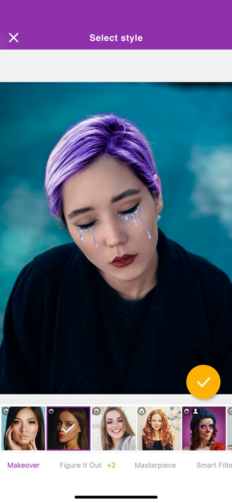 Selecting artistic makeup styles and face filters in the Visage airbrush photo maker app.