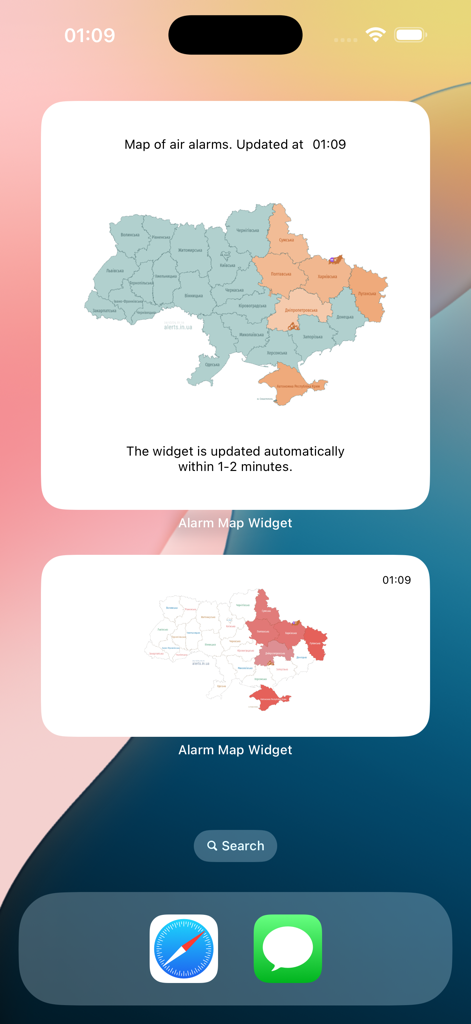 iOS home screen featuring two widgets showing real-time air raid alarm maps of Ukraine