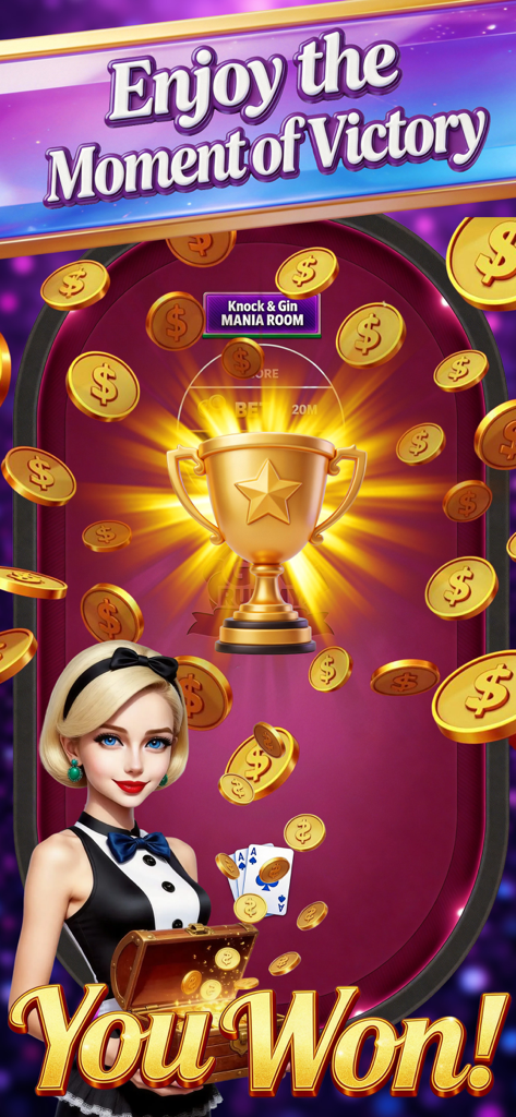 Gin Rummy Mania-No Ads,No Stop - A celebratory victory screen in the Gin Rummy Mania app featuring a golden trophy and falling reward coins