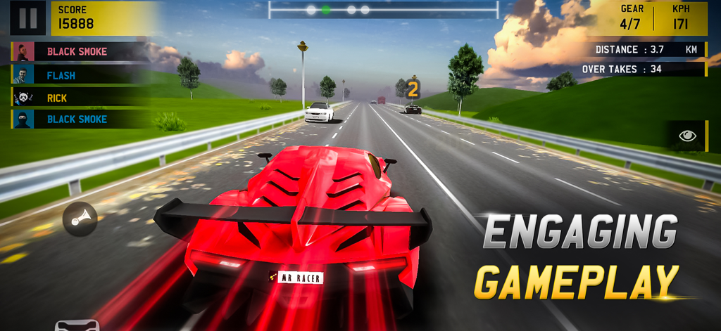 MR RACER - Red supercar racing on a highway with engaging gameplay text in MR RACER