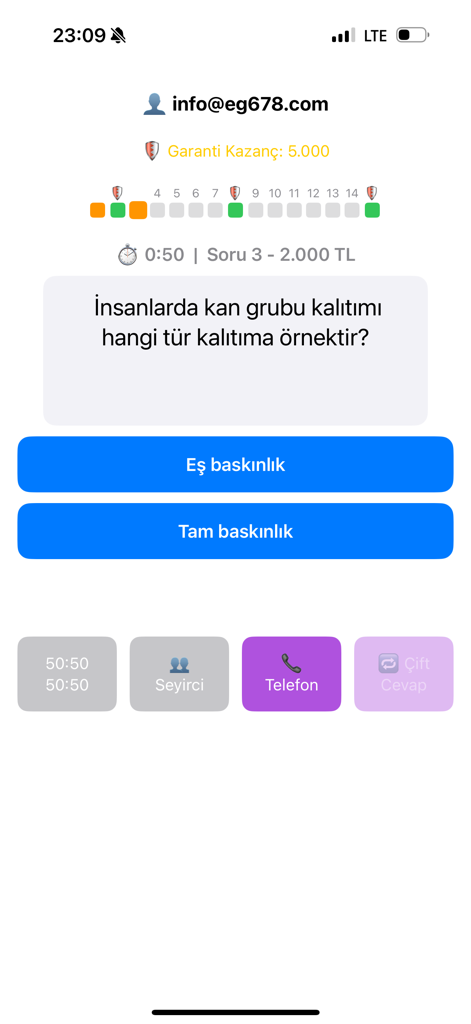 Milyoner App - A mobile screenshot of the Milyoner App showing a trivia question with two options and lifeline buttons at the bottom.