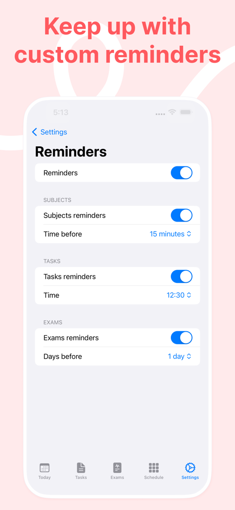 InClass - School Planner - Screenshot of the InClass app reminder settings screen showing customizable notification options for subjects tasks and exams