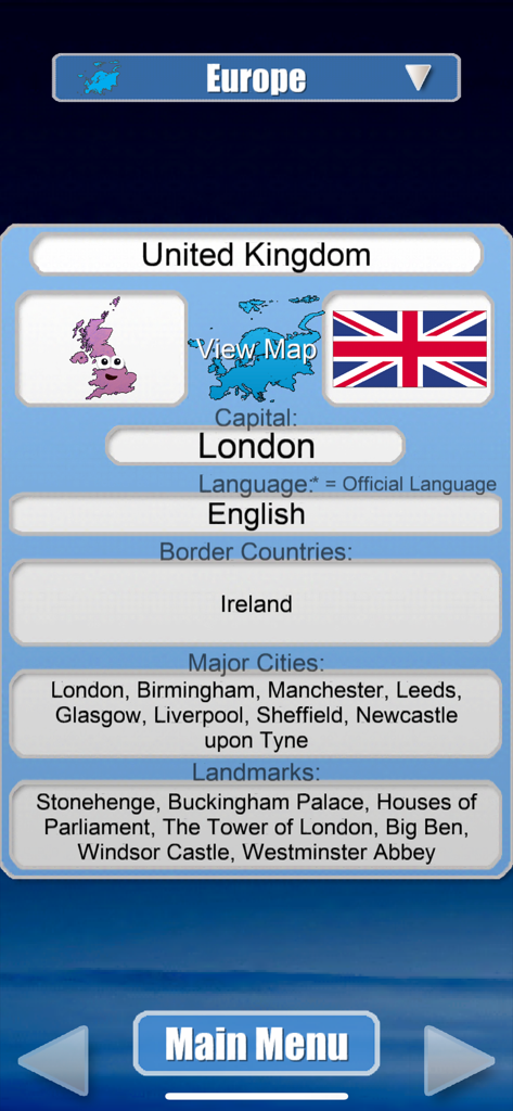 Stack the Countries® - Flashcard educativa per il Regno Unito nell'app di geografia Stack the Countries che mostra la bandiera e fatti sul paese.