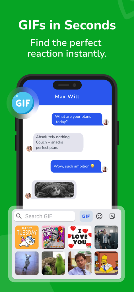 Translatify: Chat Translator - A smartphone screen showing the Translatify keyboard with a built-in GIF search and selection interface for messaging.