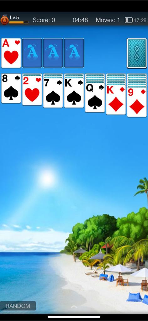 A game of classic Klondike Solitaire played over a scenic tropical beach background