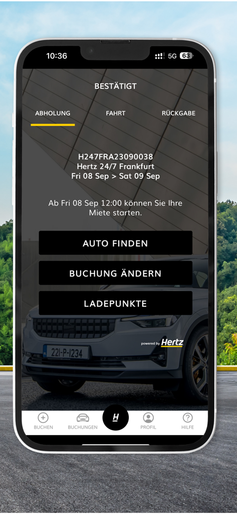 Hertz 24/7® Mobility - Una pantalla de smartphone que muestra una reserva de alquiler de coche confirmada con opciones para encontrar el vehículo o cambiar la reserva en la aplicación Hertz 24/7 Movilidad.