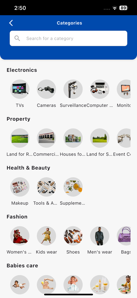 Buy & Sell Liberia - BNS Liberia app marketplace categories screen showing electronics property fashion and beauty sections