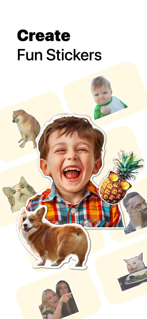A variety of custom photo stickers and memes created with the background remover app