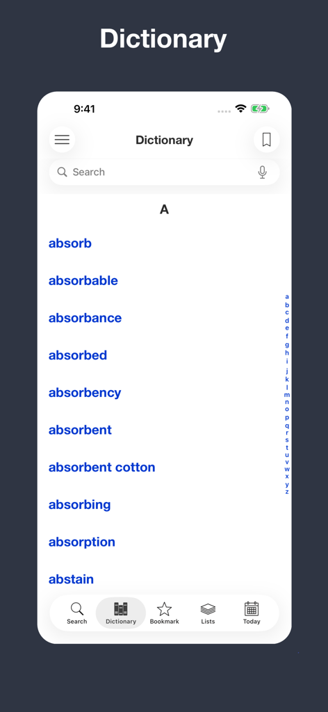 English Meaning Dictionary - Screenshot of the English Meaning Dictionary app showing an alphabetical list of words starting with the letter A and a search bar.