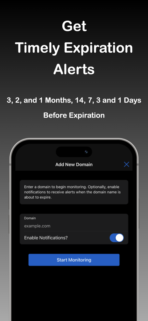 Interface pour ajouter un domaine et configurer des alertes d'expiration dans l'application DNS Time.