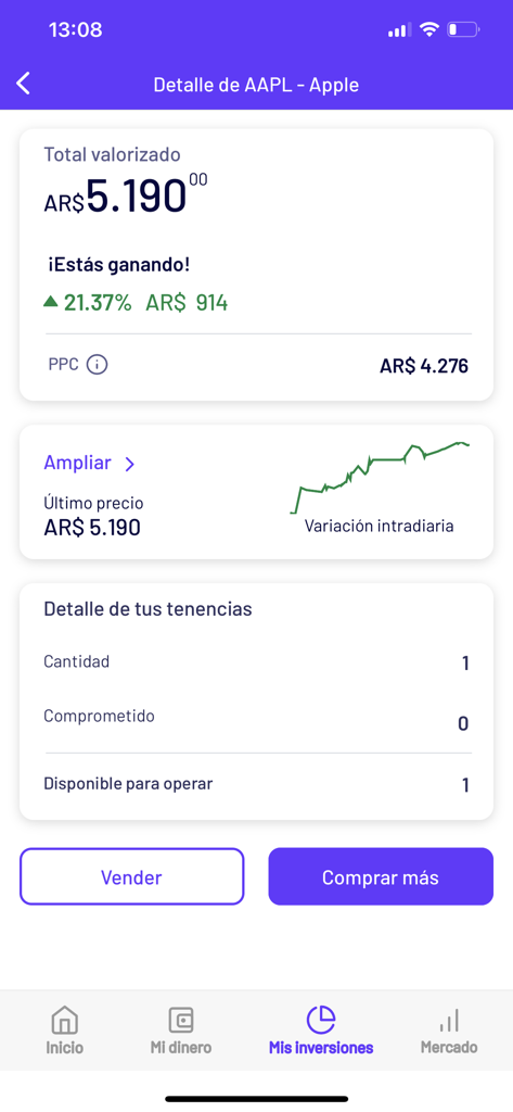IOL: Dólar, acciones, ¡y más! - Apple 주식 투자 세부 정보 및 성과를 보여주는 IOL 앱 스크린샷