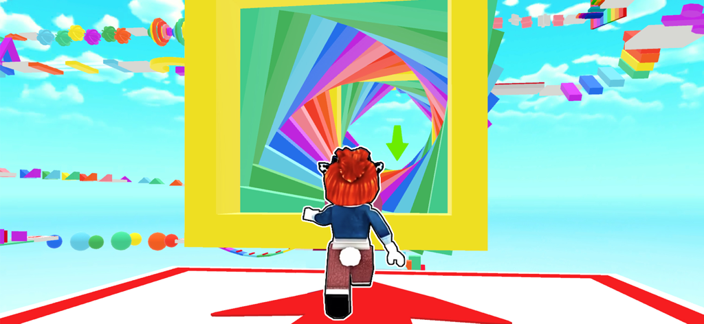 Prison Blox: Obby 3D Parkour - Un personaje saltando hacia un colorido túnel arcoíris en el juego de parkour Prison Blox Obby 3D.