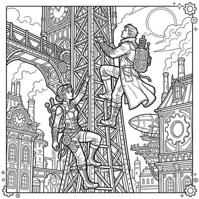 Experience the thrill of daring urban exploration with this unique Steampunk coloring page. Two intrepid climbers, geared in intricate industrial Victorian fashion, scale a towering structure in a fantastical city.