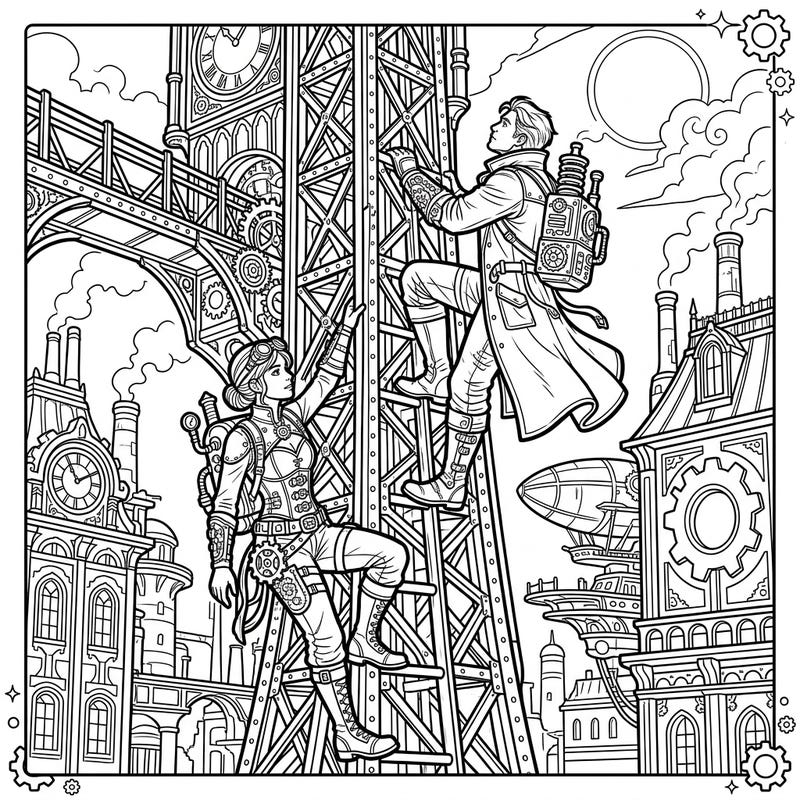 Experience the thrill of daring urban exploration with this unique Steampunk coloring page. Two intrepid climbers, geared in intricate industrial Victorian fashion, scale a towering structure in a fantastical city.