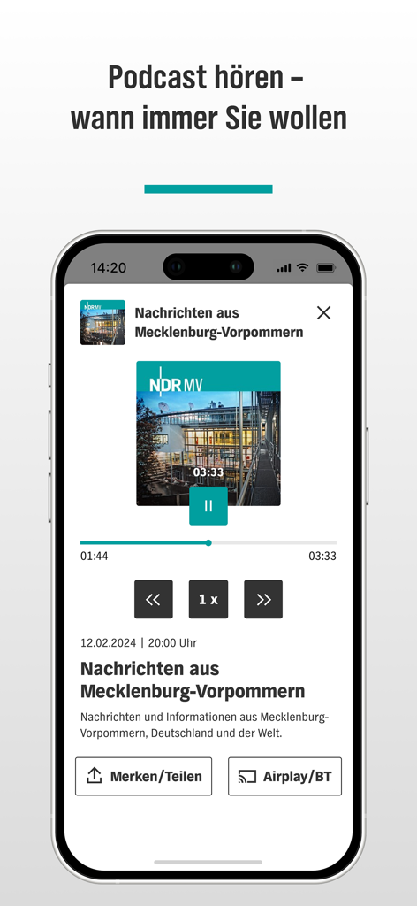 NDR Mecklenburg-Vorpommern - Podcast player interface in the NDR Mecklenburg-Vorpommern app