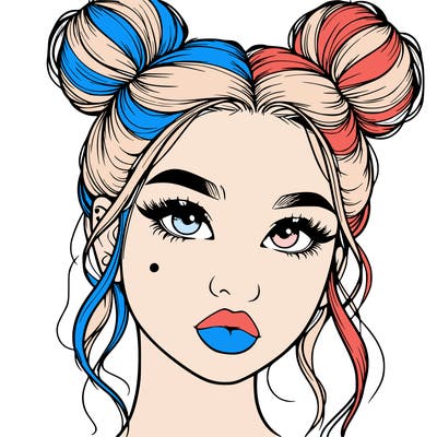 realistic girl with two buns on her hair and lips