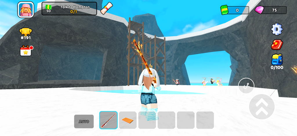 Fish It 낚시 게임의 눈 덮인 섬에서 불타는 낚싯대를 든 캐릭터