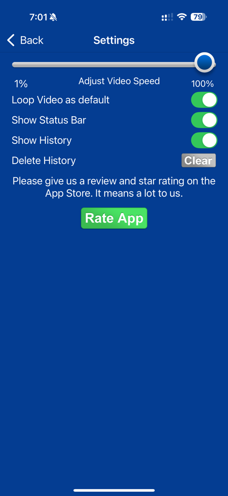 ASL Dictionary Sign Language - Pantalla de configuración de la aplicación Diccionario ASL con ajuste de velocidad de video y controles de bucle