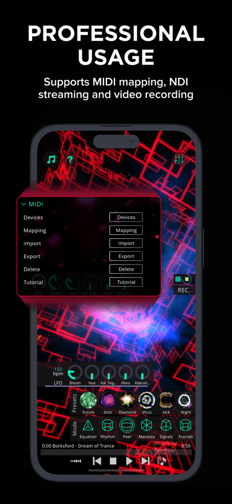 Vythm VJ app interface showing professional features like MIDI mapping and NDI streaming with reactive visual background