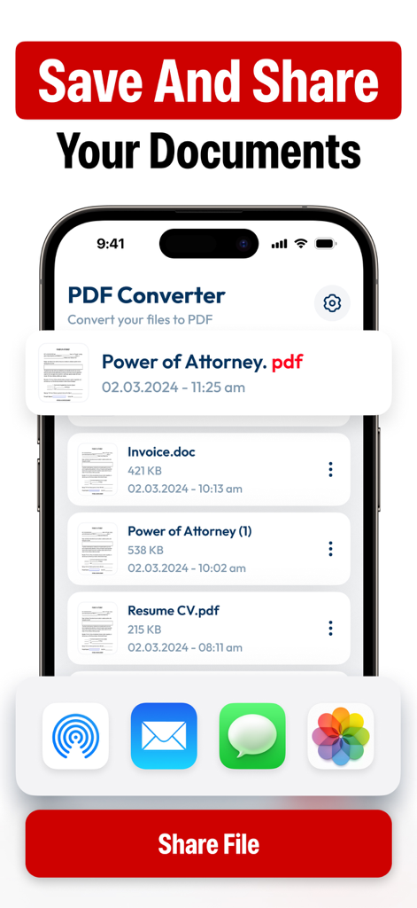 PDF Converter: Convert・Scanner - Interface of PDF Converter app showing document management and file sharing options.
