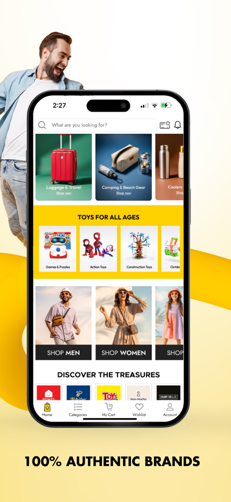 Brands For Less mobile app home screen showcasing shopping categories for luggage, toys, and designer fashion.