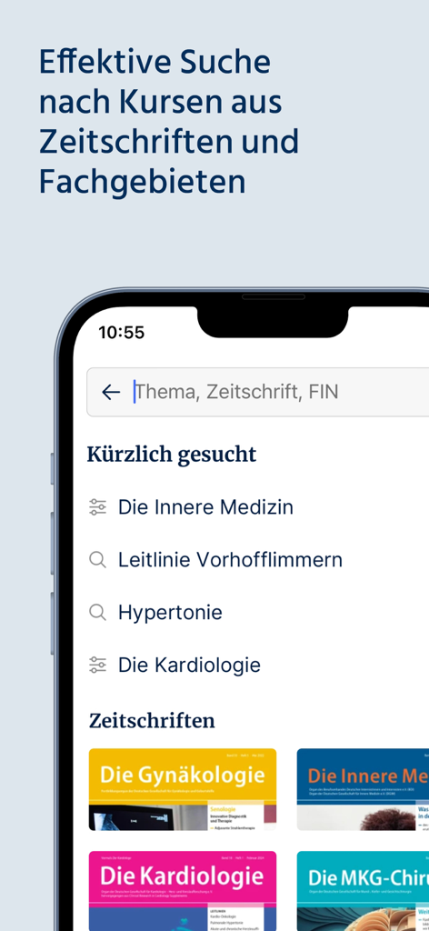 Mobile app search interface for medical journals and continuing education courses in the CME Springer Medizin app.