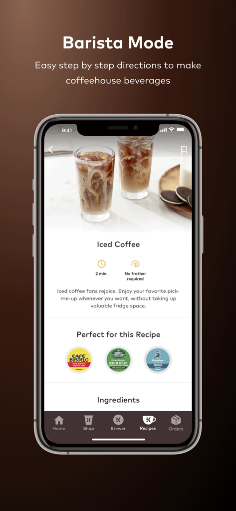 Keurig 앱 바리스타 모드에서 단계별 지침과 추천 커피 팟이 포함된 아이스 커피 레시피 표시