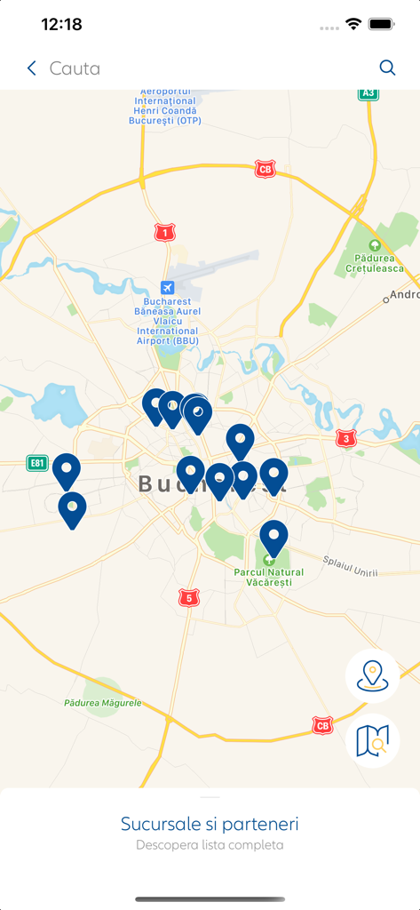 Allianz-Tiriac mobile app map view showing branch and partner locations in Bucharest Romania