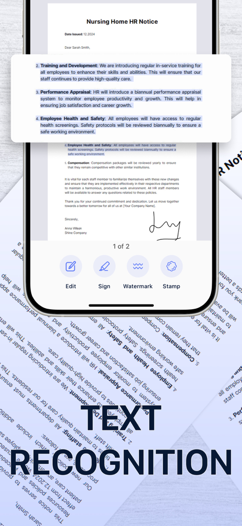 Tela do telefone móvel mostrando o recurso de reconhecimento de texto em um documento digitalizado com opções para editar, assinar e adicionar marca d'água.