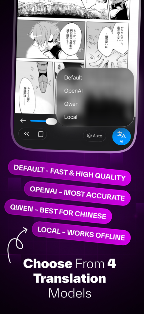 Manga Translator – Mangra - Interface of Mangra app showing four AI translation models including OpenAI and Local options
