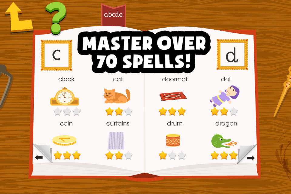 Writing Magic Letters : Kids learn to write - Educational kids app screen showing a magic spell book with letters and vocabulary words