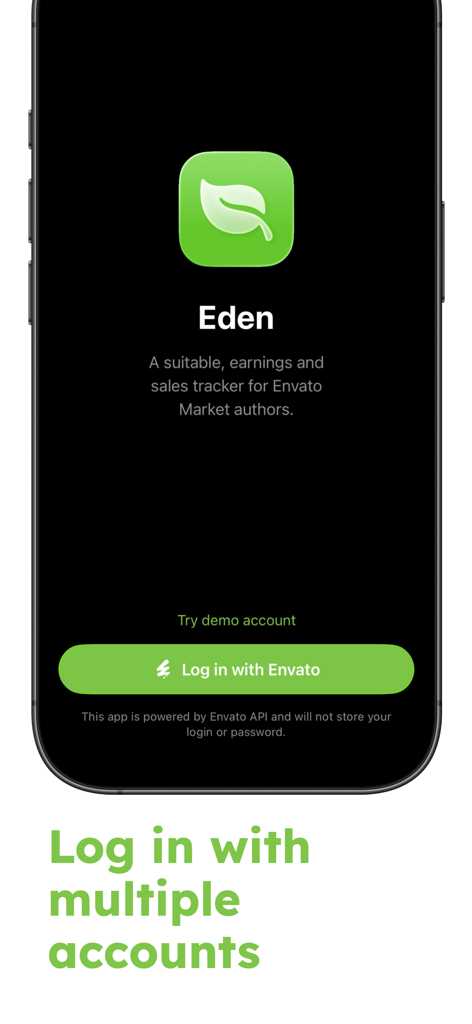 Eden - Envato Sales Tracker - Eden app login interface showing a green leaf logo and a log in with Envato button