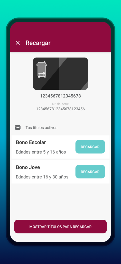 Alicante Bus - Screenshot of the Alicante Bus app showing the recharge screen for student and youth bus passes with a digital representation of the transit card.